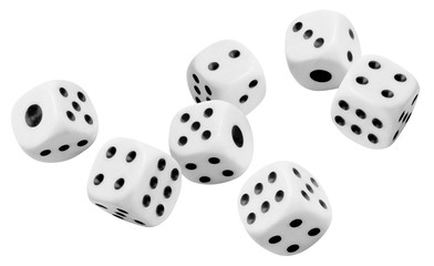 Flying dices, isolated on white background