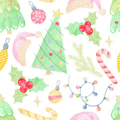 Holiday seamless pattern with candy canes, holly berry, garland, christmas trees and toys. Celebration new year pattern. Beautiful pattern for gift wrapping paper, t-shirts, greeting cards.