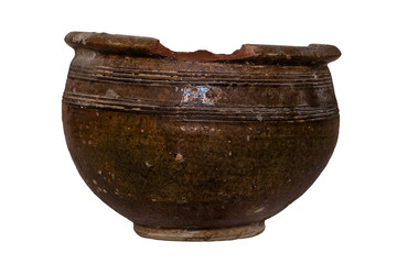 Old clay pot on a white background. The remains of the ancient Greek culture. Isolated object
