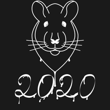 Black and white graffiti 2020 new year rat. Rat head and numbers with smudges of paint and drops. Template for greeting card or banner.