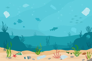 Fototapeta na wymiar Ocean pollution, plastic bottles and trash in water. Ecology problems concept. Panoramic seascape. Flat style, vector illustration. 