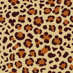 Vector abstract seamless bright animalistic leopard pattern with brown colored stains elements on the beige background