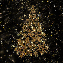 Fashionable beautiful Christmas tree made of golden snowflakes on a black background.