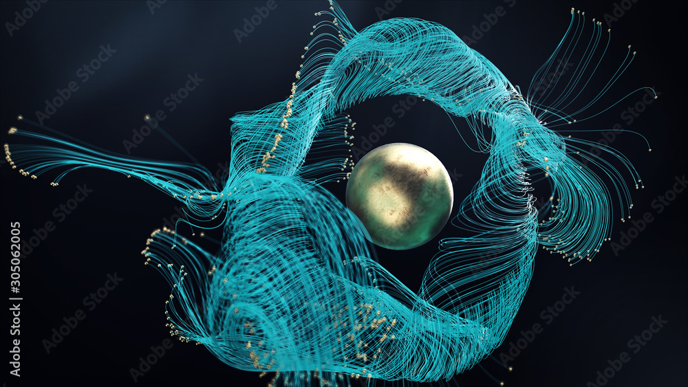 Poster 3d turbulence waving blue line backdrop with gold spheres. 3d render with depth of field on black ba