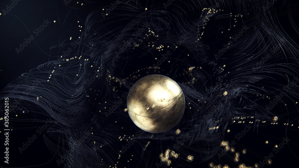 Poster 3d turbulence waving black line backdrop with gold spheres. 3d render with depth of field on black b