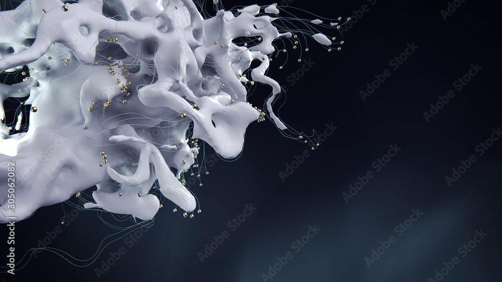 Poster 3d turbulence white liquid backdrop with lines and gold spheres. 3d render with depth of field on bl