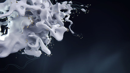 3d Turbulence white liquid backdrop with lines and gold spheres. 3d render with depth of field on black background