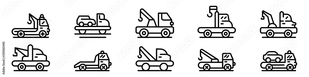 Poster tow truck icons set. outline set of tow truck vector icons for web design isolated on white backgrou