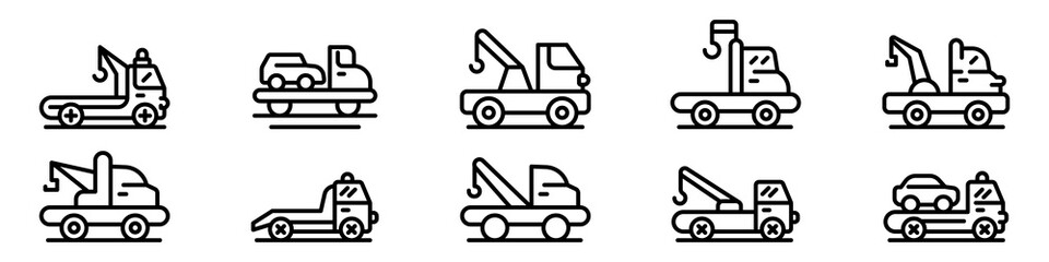 Tow truck icons set. Outline set of tow truck vector icons for web design isolated on white background