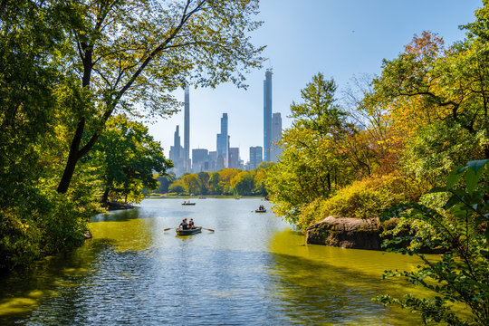 Row boats in lake in Central Park with skyscrapers in distance, Manhattan, New York city, USA