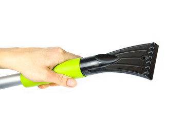 stylish scraper brush in his hands for cars on a white background