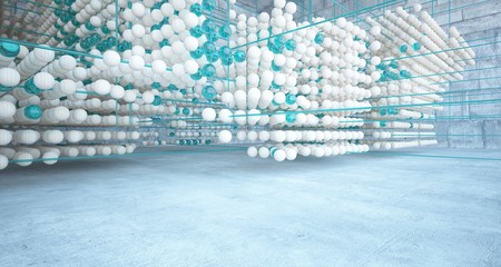 Abstract architectural wood and glass interior from an array of spheres with large windows. 3D illustration and rendering.