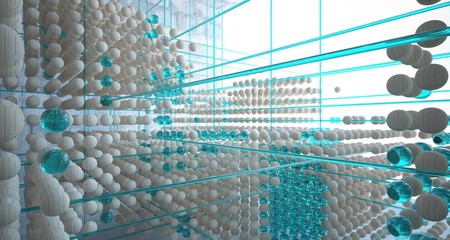 Obraz premium Abstract architectural wood and glass interior from an array of spheres with large windows. 3D illustration and rendering.