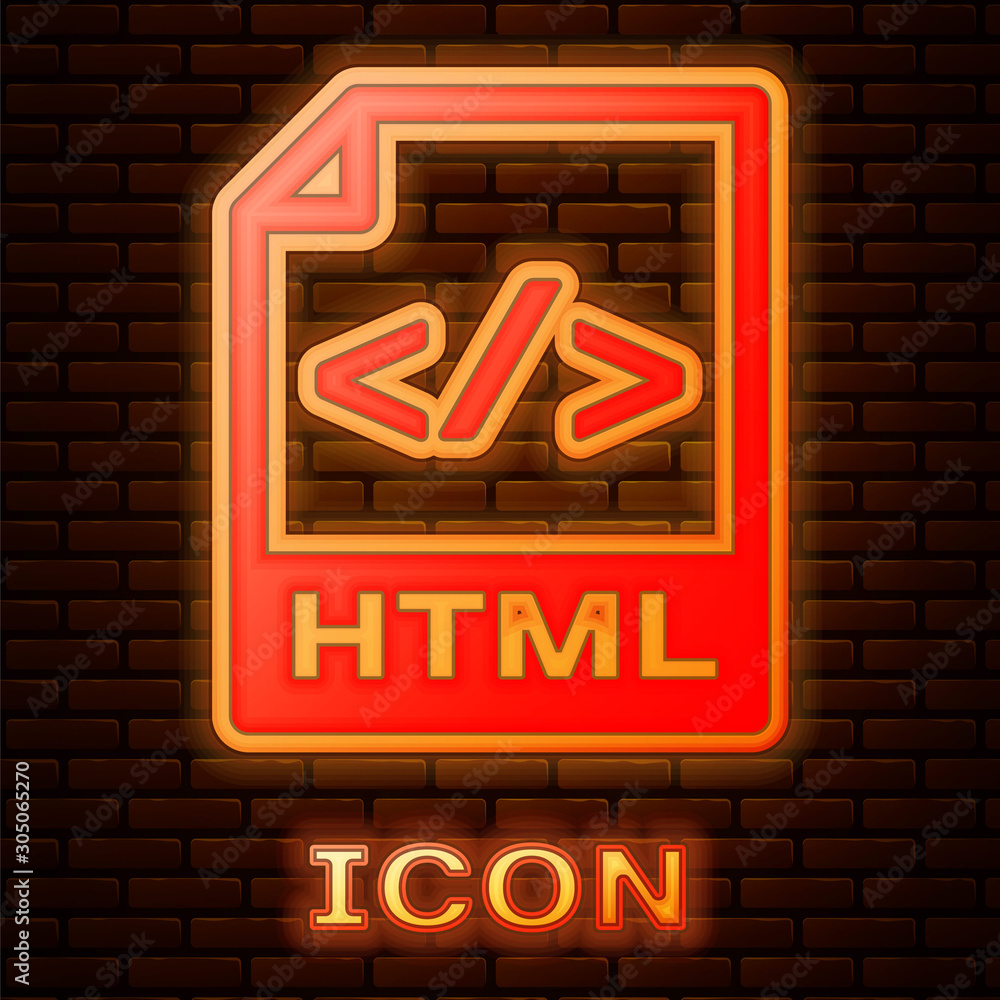 Poster glowing neon html file document. download html button icon isolated on brick wall background. html f