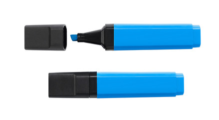 Set of open and closed blue markers, isolated on white background