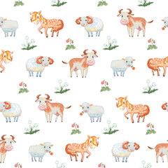 Seamless pattern with cute domestic animals - horse, cow, sheep, goat, ram. Fun white background