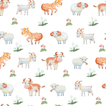 Seamless pattern with cute domestic animals - horse, cow, sheep, goat, ram. Fun white background