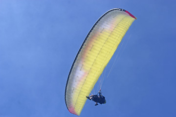 Tandem Paraglider flying wing in a blue sky	