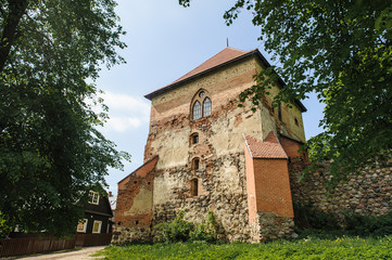 Domininkon vienuolynas. The ruins of Trakai Peninsula Castle located on a peninsula between southern Lake Galv and Lake Luka in Trakai