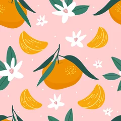Tapeten Mandarinen nahtloses Muster für Druck, Textil, Stoff. Moderne handgezeichnete stilisierte Zitrusfrüchte Hintergrund. © Hanifa_design