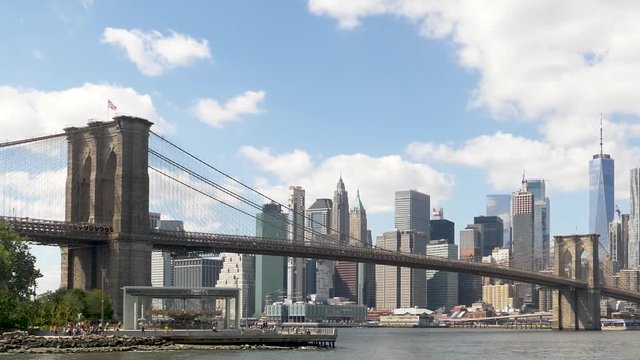 Zoomed in view of Lower Manhattan's Iconic Skyline featuring Brooklyn Bridge