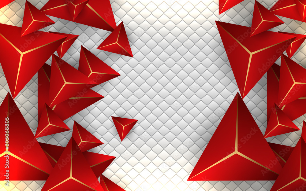 Poster abstract red polygonal pattern with 3d crystal triangles texture a combination line light gold on wh