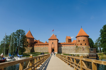 Old Trakai castle in sunny day. Trakai, Lithuania, Galve lake.