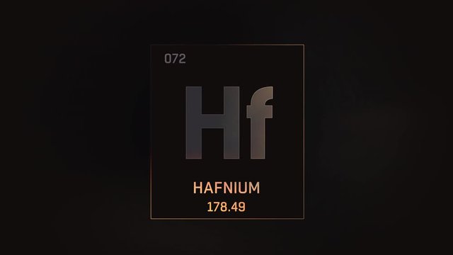 Hafnium as Element 72 of the Periodic Table. Seamlessly looping 3D animation on grey illuminated atom design background with orbiting electrons. Design shows name, atomic weight and element number