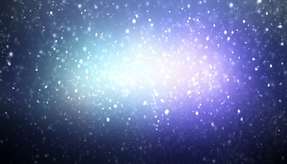 Fototapeta na wymiar Snow on fabolous night sky background. Dark violet blue vignette cosmic. Bright flash. Magical winter illustration. Christmas miracle abstraction.