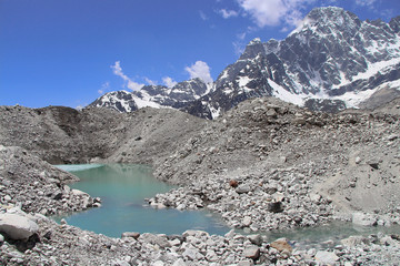 A beautiful lake of melted ice in the middle of Ngozumpa glacier strewn with stones. Pharilapche mountain peak rises above it. Route to Everest base camp through Gokyo Lakes.