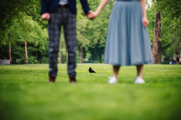Happy couple holding hands outdoor. Park view background. Selective focus. Closeup.