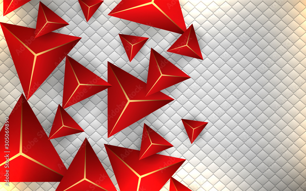 Poster abstract red polygonal pattern with 3d crystal triangles texture a combination line light gold on wh