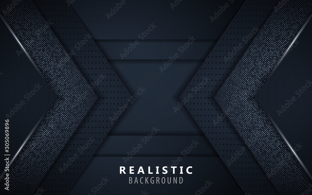 Poster dark blue abstract paper shapes background overlap layers texture with silver glitters dots element 