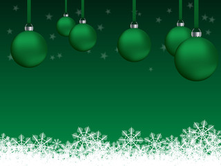 Fond vert pour carte de No&euml;l ou carte de v&oelig;ux avec flocons de neige, d&eacute;corations de No&euml;l et &eacute;toiles