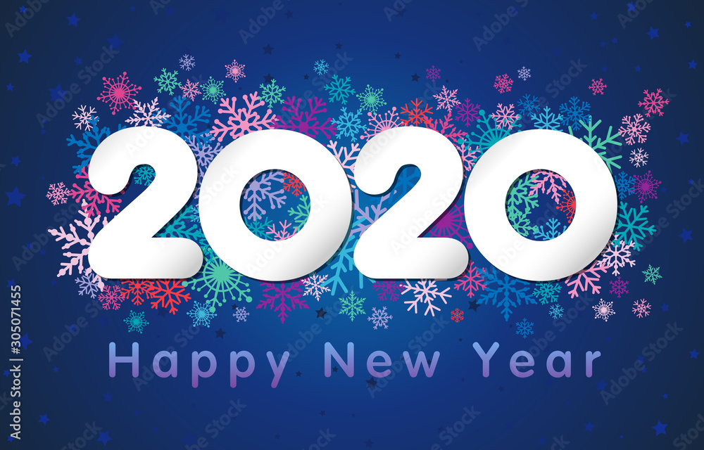 Fototapete 2020 a happy new year greeting card. xmas snowy background. paper holiday numbers and text. coloured