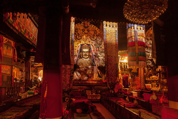 Interior of famous Buddhist Temple Jokhang in Lhasa, Tibet