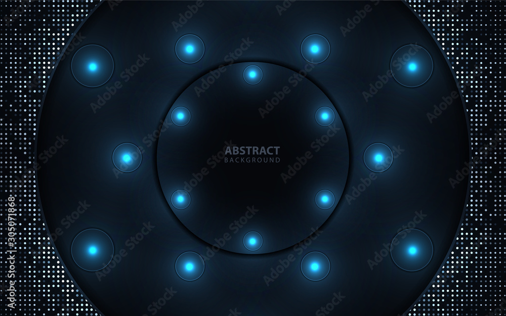 Poster dark blue abstract paper shapes background overlap layers texture with silver glitters dots element 