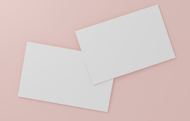 Two empty white business cards. Mockup for branding identity. blank name card or poster on pink pastel background, studio shot. great for text & logo for design creative concept. 3D illustration