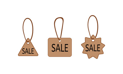 Set of three different product labels with sale text. Triangle, rectangle and star shapes. Vector illustration.