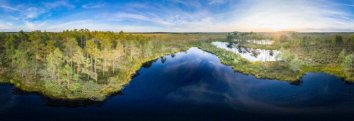 Sunrise in the bog landscape. Misty marsh, lakes nature environment background