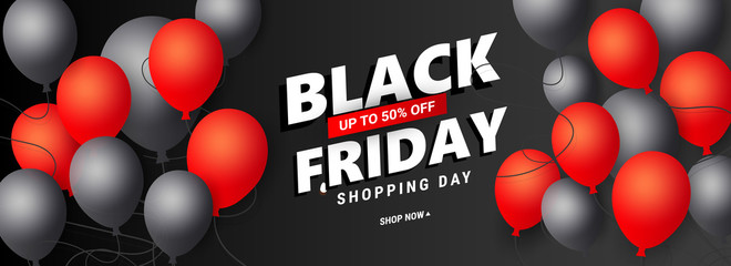 Creative Black friday sale background with balloons and serpentine for poster, banners, flyers, card.