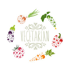 Vegetarian logo with carrot, aubergine, onion, tomato, cucumber and pepper  with green leaves. Vector plant logotype,  icon.