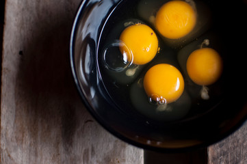 Close up of four eggs in a black bowl.