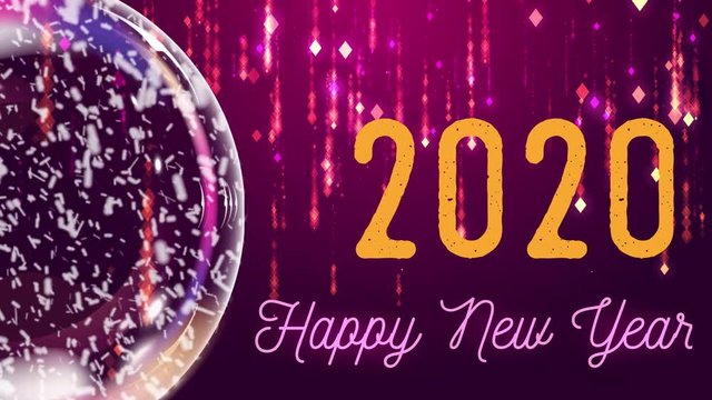 A snow globe and the inscription Happy New year 2020, on a pink and lilac background animation of falling bright shimmering diamond-shaped rain particles. Flying lights, glitter. Festive movement.