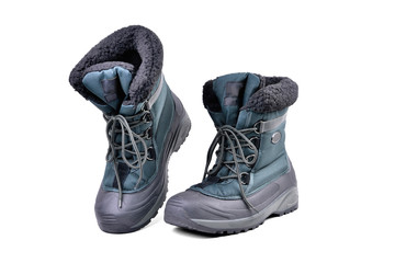 specialized shoes, off-road boots warmed for the cold season, high shin, lacing, anti-slip corrugated reinforced sole for travel and winter fishing isolate on a white background