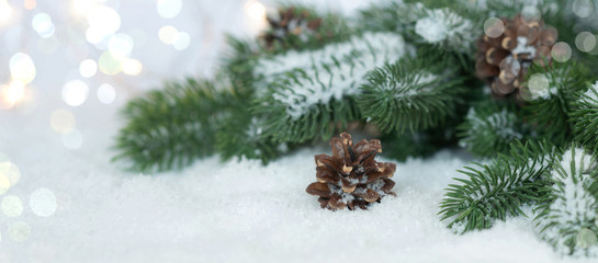 Fototapeta na wymiar Christmas snow fir branches and sparkling holiday lights on white background with copy space. Selective focus.