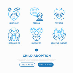 Child adoption thin line icons set: adoptive parents, helping hand, orphan, home care, LGBT couple with child, custody, caregivers, happy kid. Modern vector illustration.