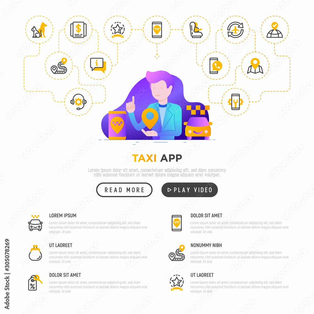 Poster man using taxi app. web page template with thin line icons: payment method, promocode, app settings,