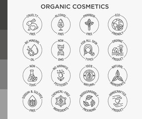 Organic cosmetics set of thin line icons for product packaging. Cruelty free, 0% alcohol, natural ingredients, paraben free, eco friendly, no mineral oil, non GMO. Modern vector illustration.