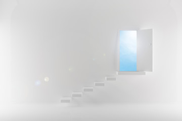 3d stairs up warding to a door that opens to sky- The concept of development- 3d illustration
